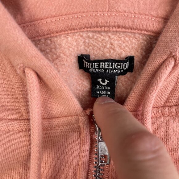 True religion Womens Sz XS Foil Silver Logo Buddha Full Zip Hoodie Pink - Picture 6 of 16